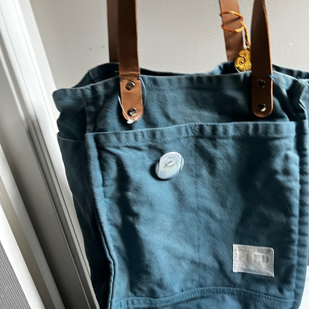 Teal Canvas Tote with Brown Leather Straps